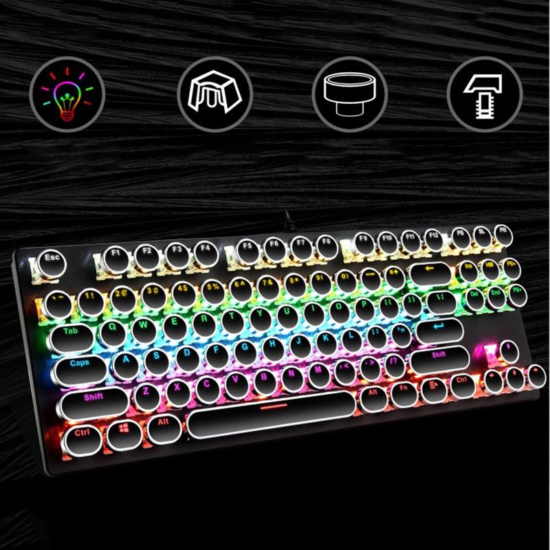 HSV Wired 87 Keys Green Axis Punk Mechanical Keyboard Metal Panel Round Keycap RGB LED Backlight USB Gamer Keyboard