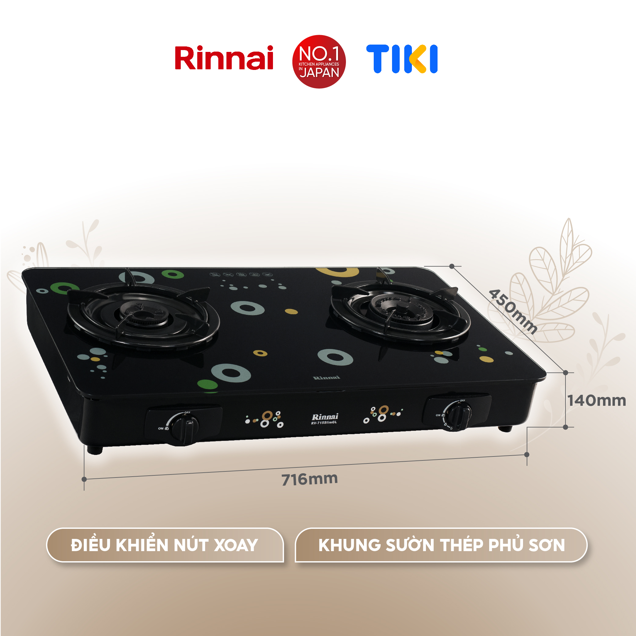 Bếp gas dương Rinnai RV-715Slim(GL-Bubble) mặt bếp kính và kiềng bếp men - Hàng chính hãng.