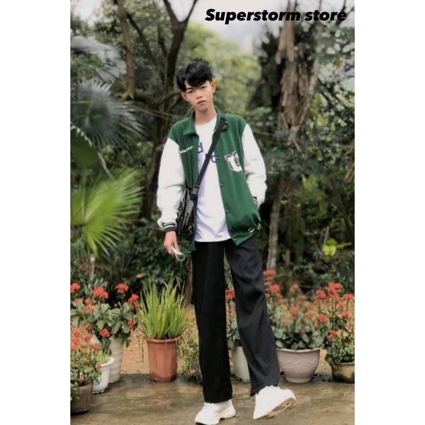 Áo Khoác Bomber Jacket Chất Nỉ Bông LUCKY Form Rộng Unisex Nam Nữ Phối Phong Cách Ulzzang KUN
