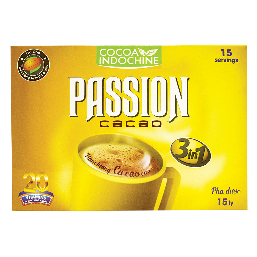 Bột Cacao Hòa Tan Passion 3 In 1 Cocoa Indochine (Hộp 15 Gói x 16g)