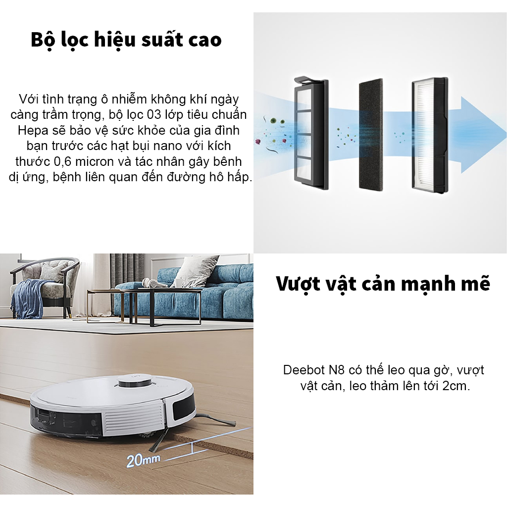 Robot Hút Bụi Ecovacs Deebot N8 Thông Minh Công Nghệ Quét Laser Thiết Lập Bản Đồ TrueMapping , Lực Hút Lớn Lên Tới 2300pa - Hàng Chính Hãng