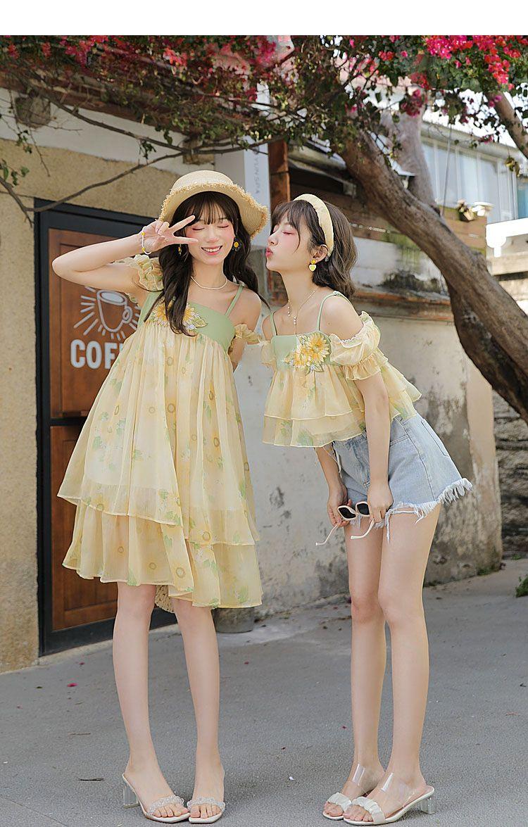 SHUANGYAN Mối tình đầu của hoa Hướng Dương, váy cưới kiểu Pháp, váy ngắn tay bong bóng, váy đồng quê, váy chị em thân thiết mùa hè.