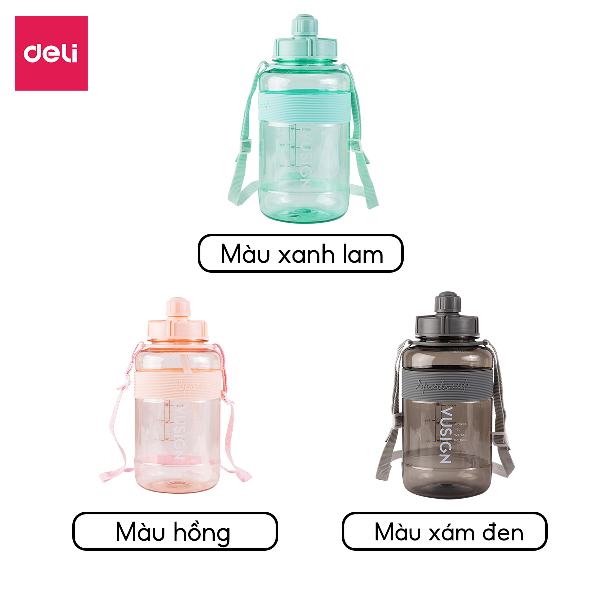 Bình Đựng Nước 1.5L Bao Bì Dễ Thương Có Vạch Báo Giờ Uống Nước Chia Lượng Nước Kèm Ống Hút Có Quai Đeo Chéo Deli - Nhựa Cao Cấp An Toàn Đầy Đủ Kiểm Định Chất Lượng Phủ Hợp Bình Nước Thể Thao Cho Bé Tới Trường - VS820