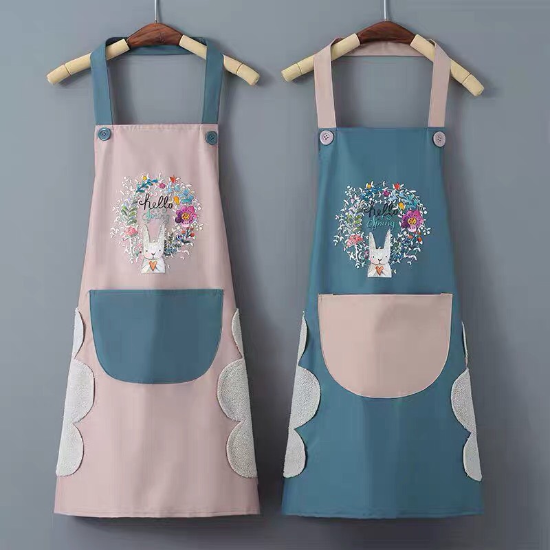 Tạp dề in hình chú thỏ chống nước / chống dầu phong cách thời trang dành cho phái nữ,Tạp dề lau tay, làm bếp, pha chế, phục vụ, làm nail, bán cafe dễ thương