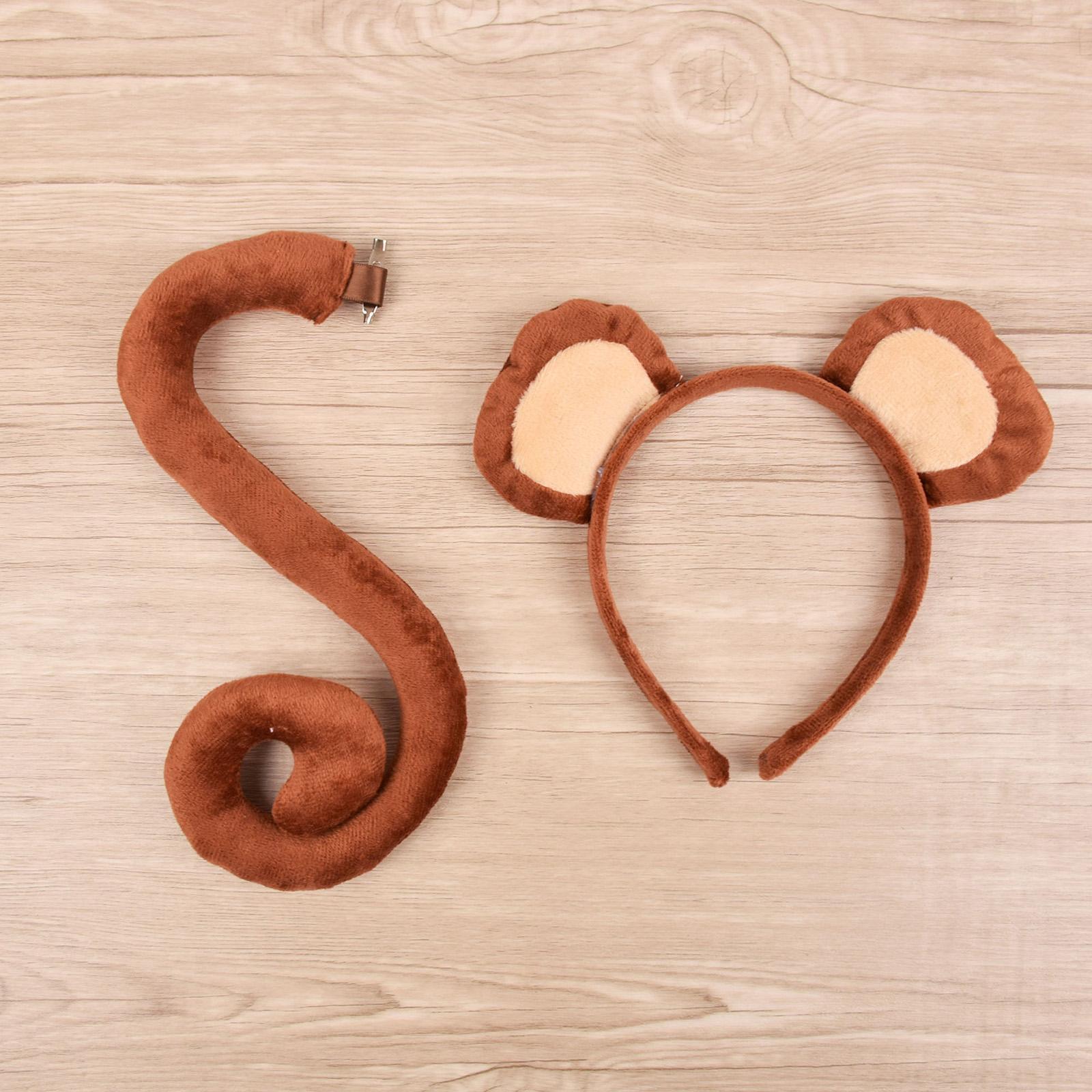 2Pcs and Tail Set Children Adults Monkey Hair Hoop Headwear Long Tail for Christmas Birthday Halloween Decoration
