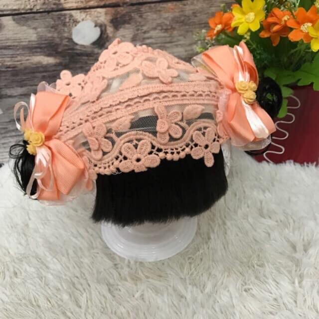 Băng đô tóc giả cho bé ren cam có nơ 2 bên - kèm tóc mái - có hình thật