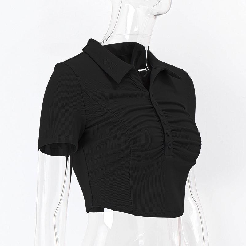 Áo croptop polo cài khuy nhún giữa cộc tay nữ ozenka ,áo thun crt ngắn vạt bầu kiểu màu đen trắng mặc đi học đi chơi