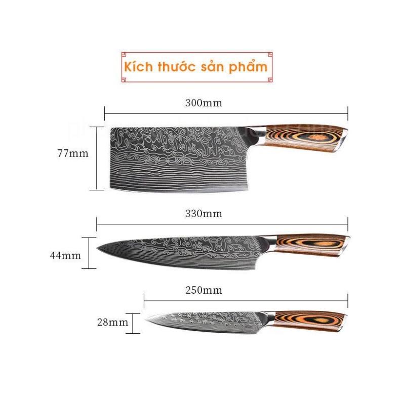 Bộ 3 Dao Nhà Bếp Nhật Khắc Vân Damascus Cao Cấp
