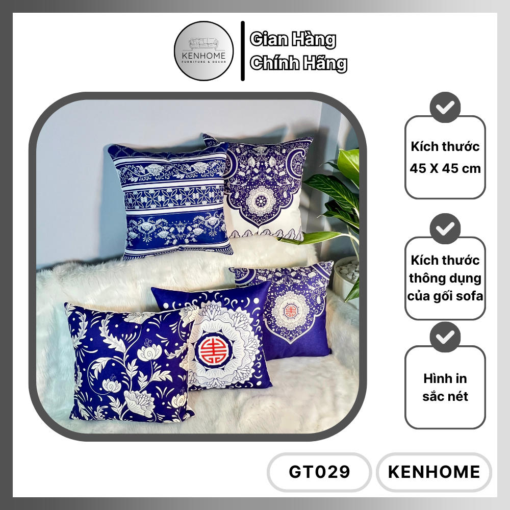 Gối Sofa Họa Tiết Cổ Điển Phương Đông - Gối Tựa Lưng Sofa Trang Trí Phòng Khách Sang Trọng - Vải Bố Cao Cấp - Kích Thước 45x45cm