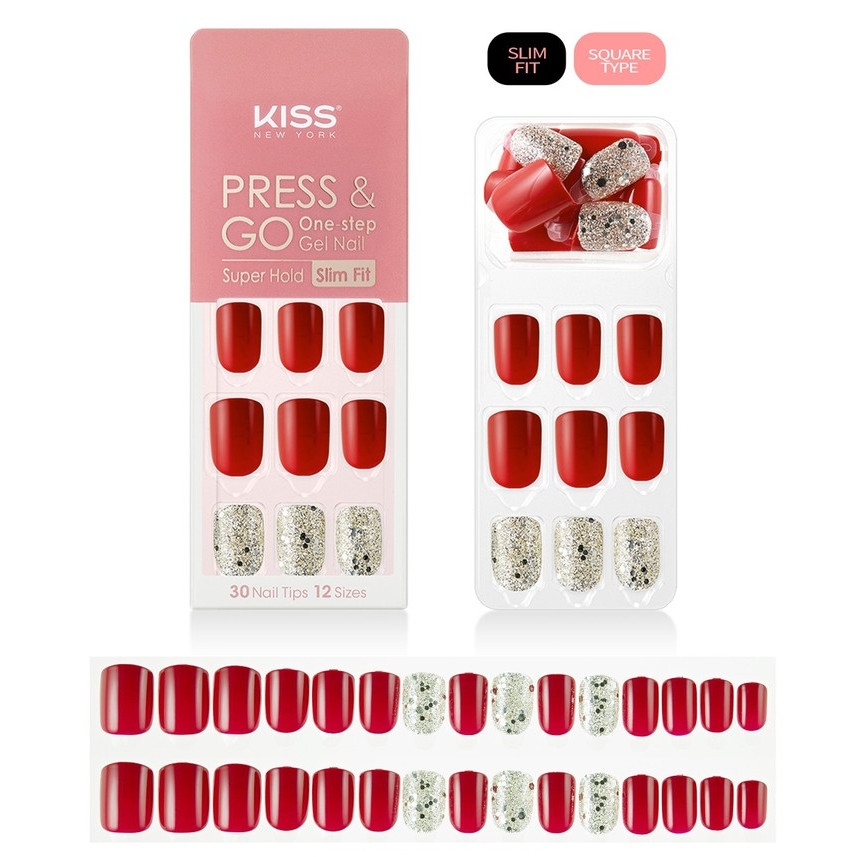 Bộ 30 Móng Tay Gel Tự Dán Press &amp; Go Kiss New York Nail Box - Holiday Red (KPNS04K)