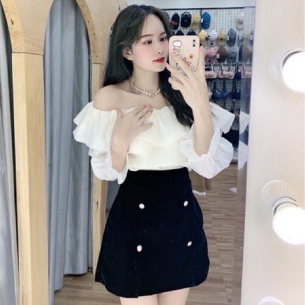 Áo sơ mi trễ vai 2 lớp hàng mới_001 babydoll bánh bèo mầu trắng
