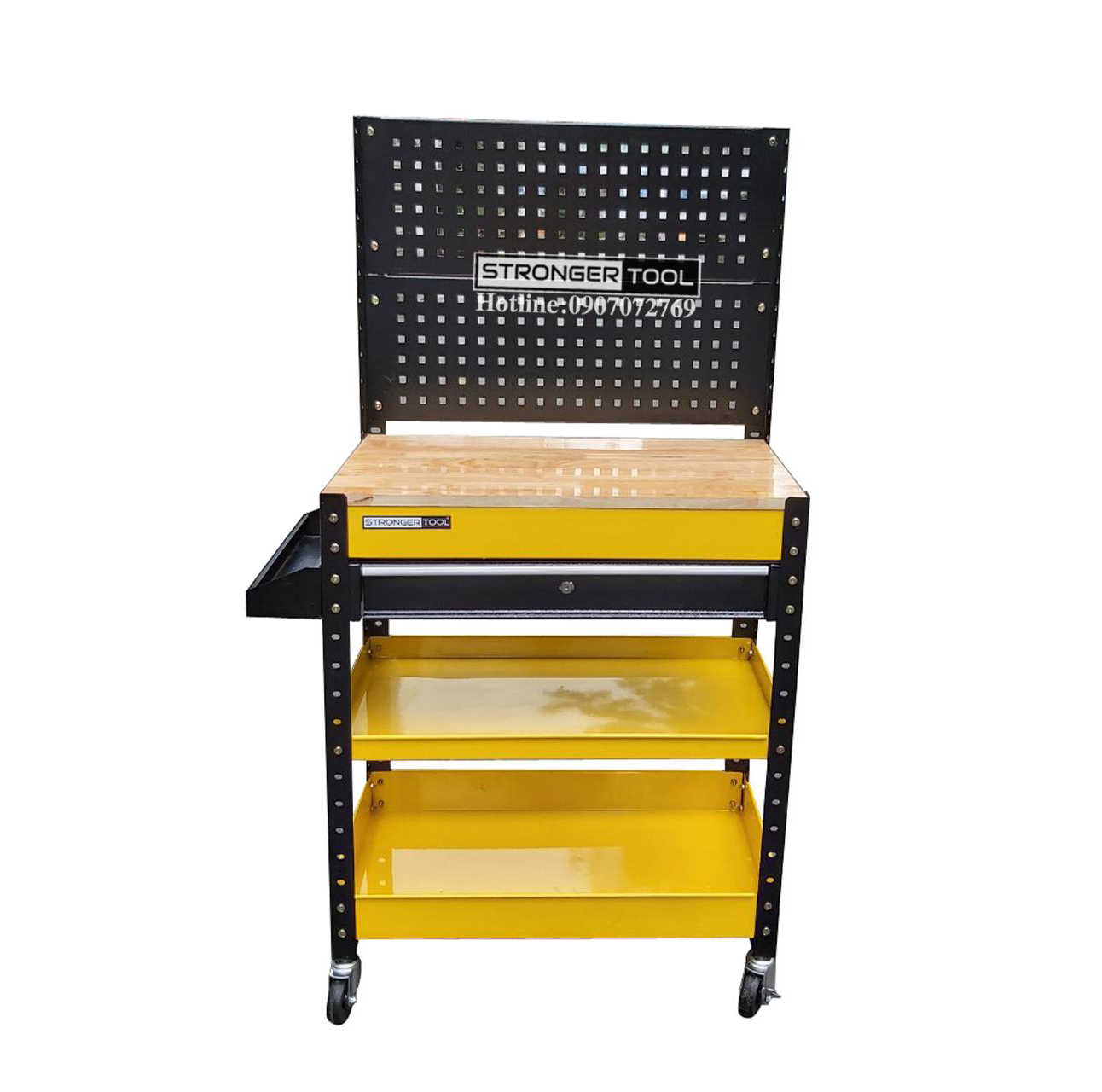 XE ĐẨY DỤNG CỤ 1 NGĂN KÉO CÓ MẶT BÀN GỖ VÀ TẤM TREO