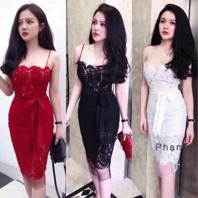 Đầm body ren 2 dây thắt nơ
