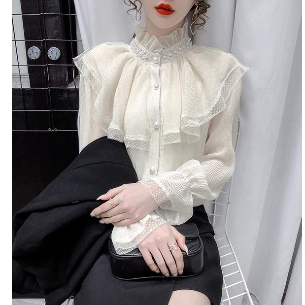 Áo sơ mi nữ tiểu thư pha ren dáng bánh bèo đính ngọc cổ trụ