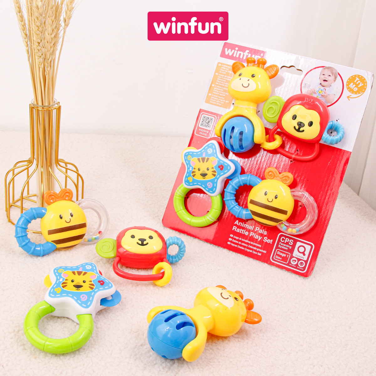 Set 4 đồ chơi xúc xắc cầm tay, gặm nướu chủ đề động vật hoang dã Winfun 0634-NL