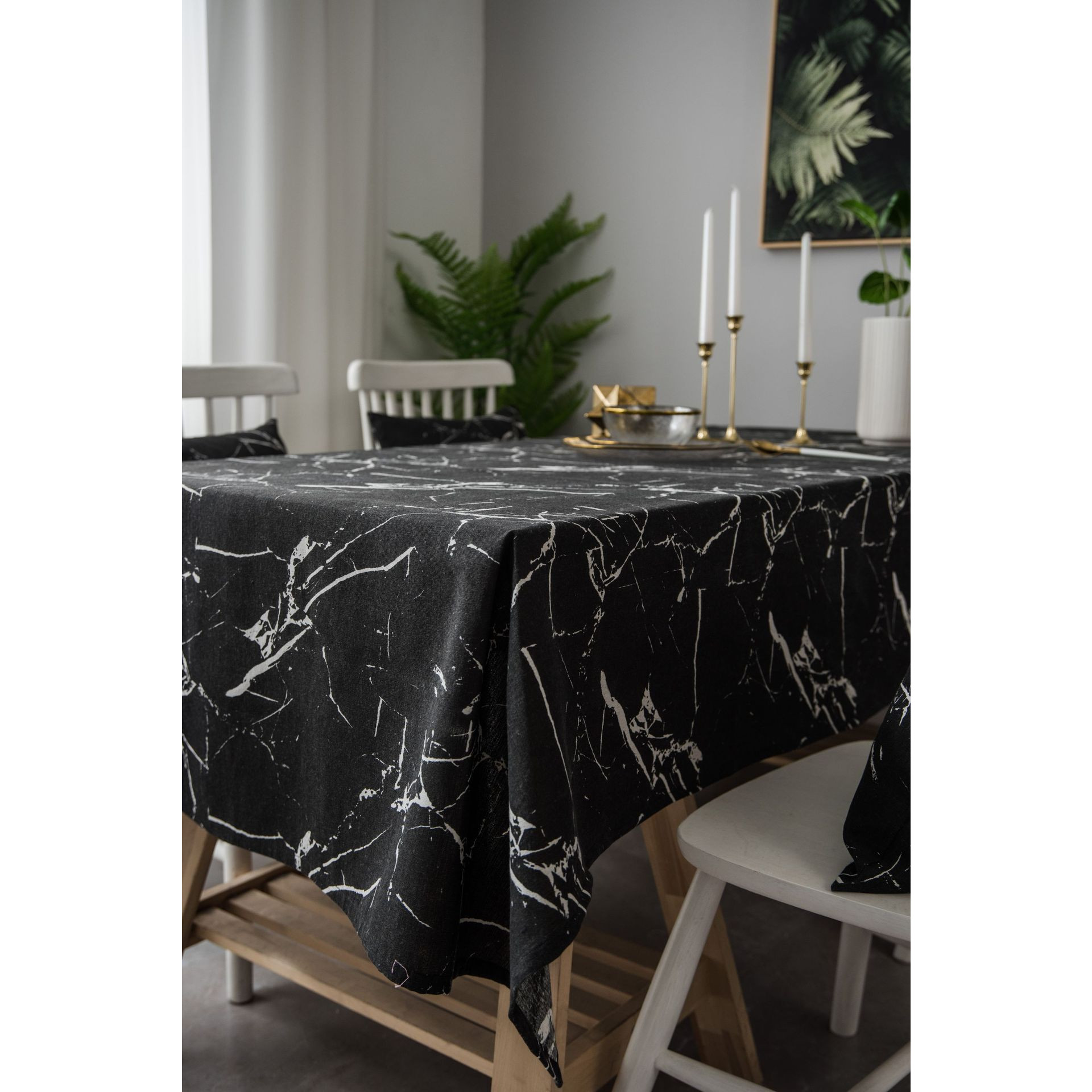 Khăn trải bàn cotton cao cấp họa tiết vân đá màu đen phong cách hiện đại cỡ 140x300cm MARBLE 7159L