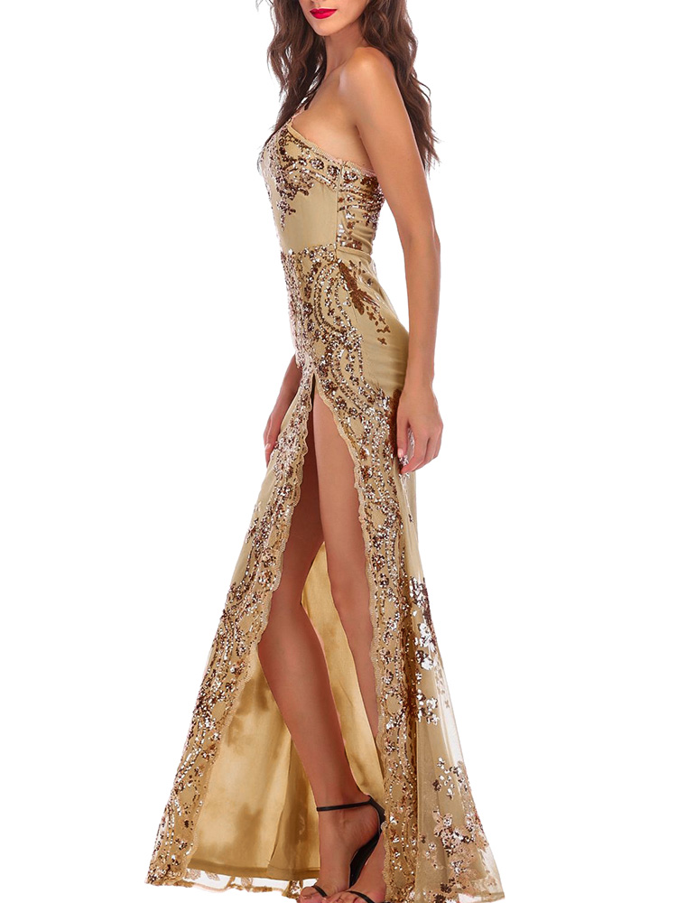 Sexy Women Sequins Dress One Shoulder Backless High Split Hem High Waist Bodycon Elegant Maxi Formal Dress