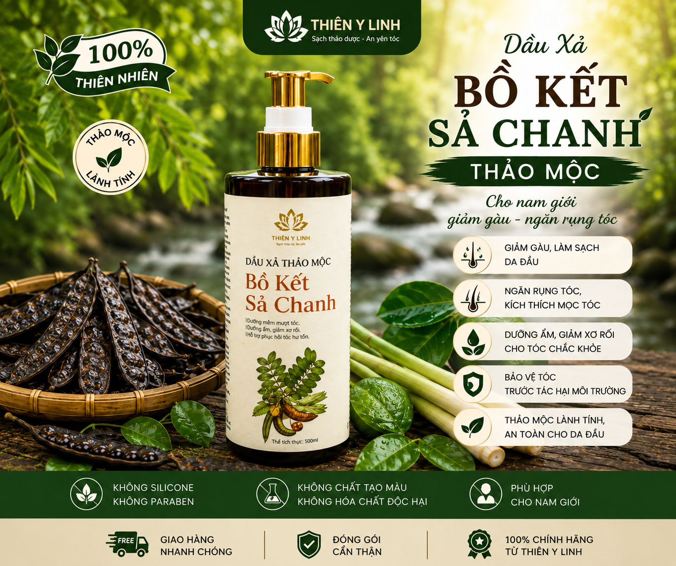 Dầu Xả Bồ Kết Sả Chanh thảo mộc cho nam giới giảm gàu ngăn rụng tóc