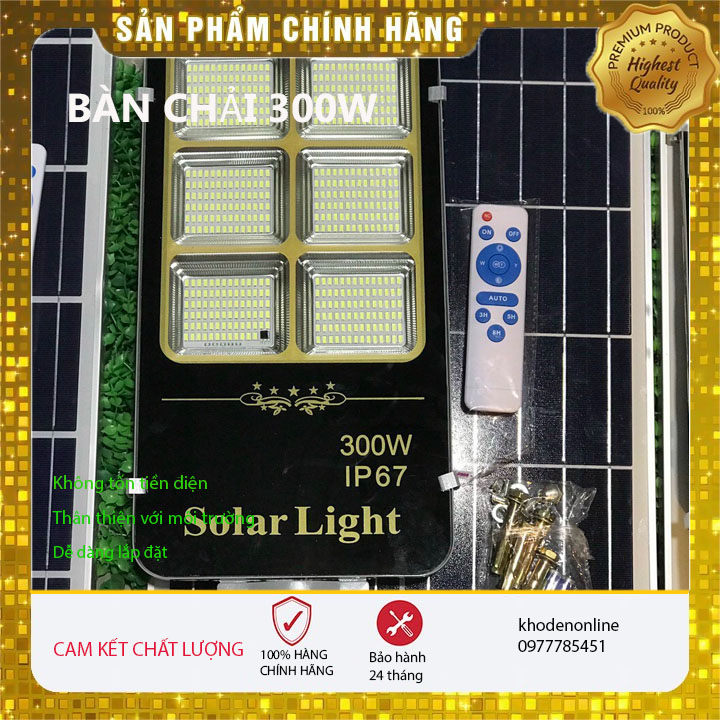 Đèn Năng Lượng Mặt Trời Bàn Chải 300w, Chuẩn IP67, Pin Rời. Sáng Liên Tục 15h. Có Nút Báo Pin Sạc