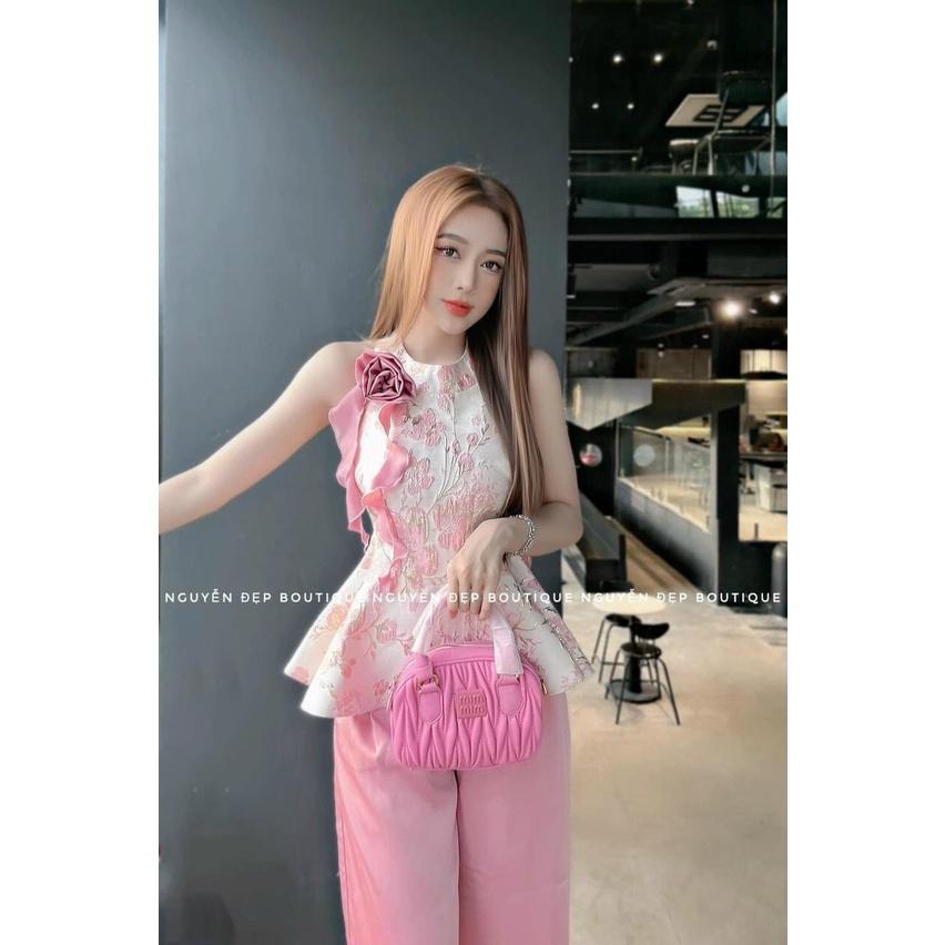 SET BỘ 2 MÓN ÁO YẾM ĐÍNH HOA XẾP LY XÒE MIX QUẦN SUÔNG ỐNG RỘNG CỰC CUTE CHO CÁC NÀNG NHÀ MEOWSHOP - xanh
