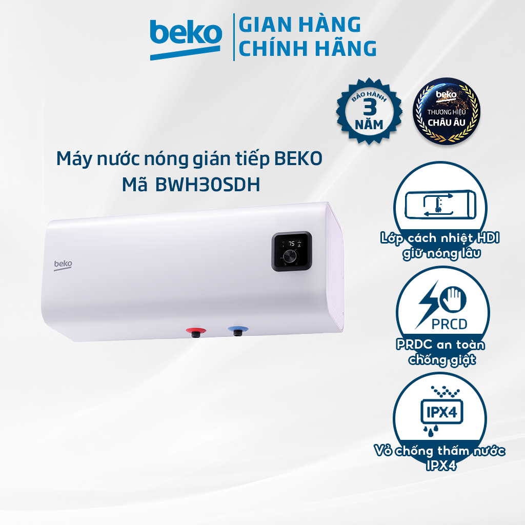 Máy Nước Nóng Gián Tiếp/Bình Nóng Lạnh BEKO Dung Tích 30 Lít, Công Suất 2500W, Làm Nóng Tối Đa 80°C - BWH30SDH - Hàng Chính Hãng