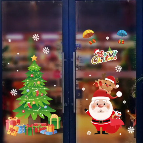 Decal trang trí Noel - Cây thông và ông già noel cùng những hộp quà