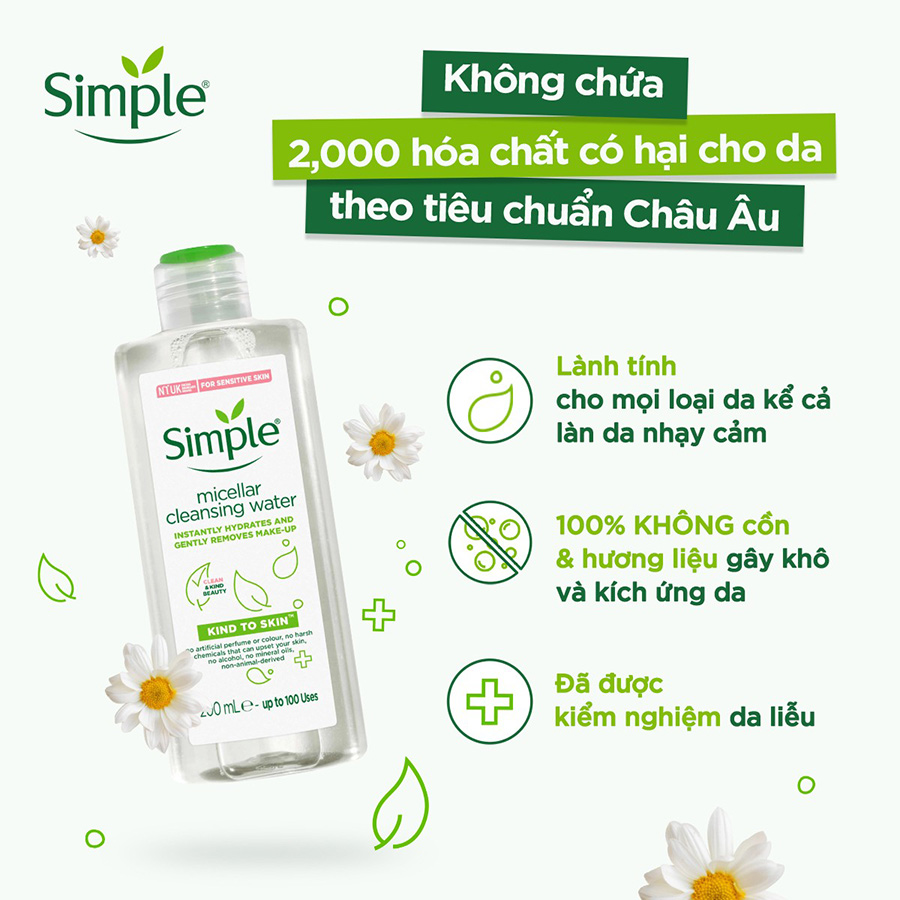 Nước tẩy trang Simple Micellar làm sạch trang điểm vượt trội - không chứa cồn gây khô rát 200ml [CHÍNH HÃNG ĐỘC QUYỀN]