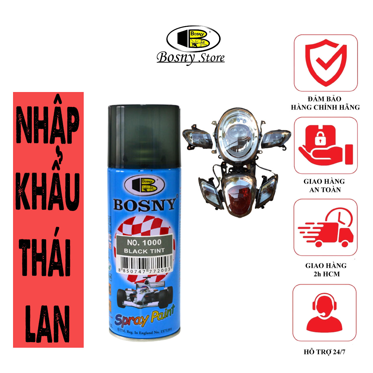 Sơn xịt hiệu ứng chói đèn Bosny Black Tint nhập khẩu từ Thái Lan