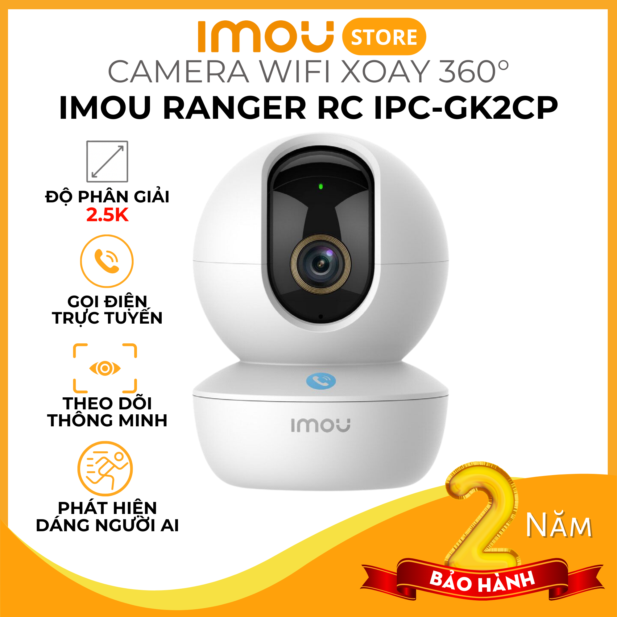 Camera Trong nhà Imou Ranger RC 3MP / 4MP / 5MP IPC-GK2CP-3C0W - Gọi điện qua app, phát hiện dáng người AI, loa báo động lớn - Hàng chính hãng