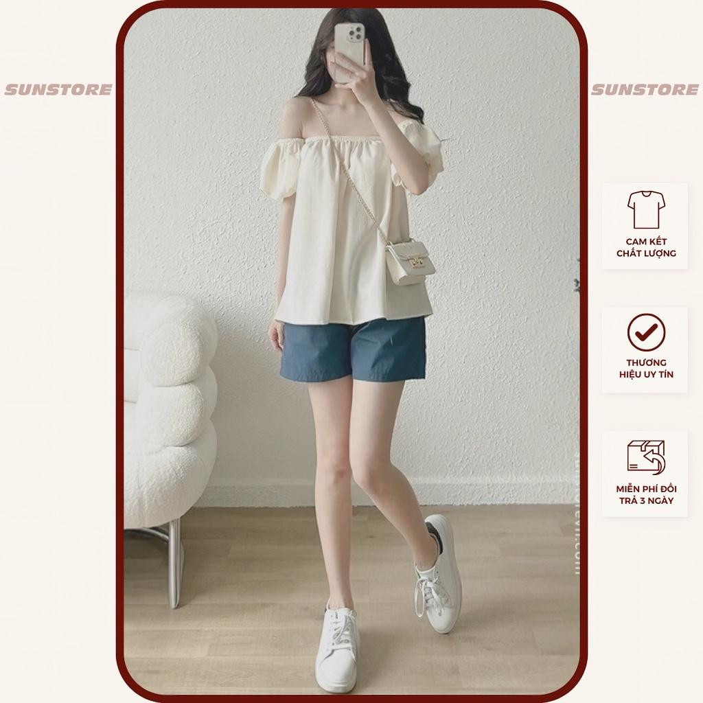 Set đồ nữ đi biển mùa hè áo trễ vai và quần short nữ lưng chun 2 màu