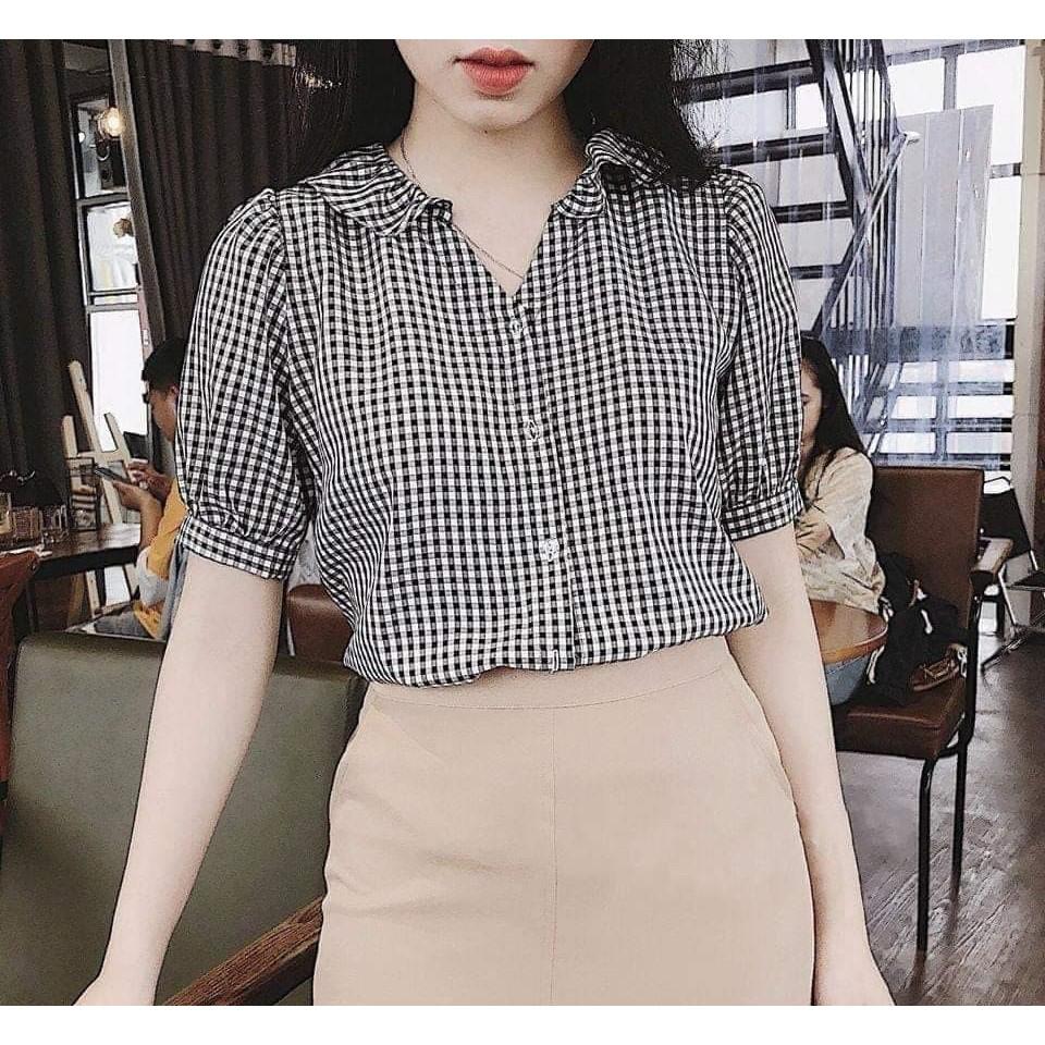 ÁO SƠ MI TAY NGẮN SỌC CARO ĐEN TRẮNG AM17