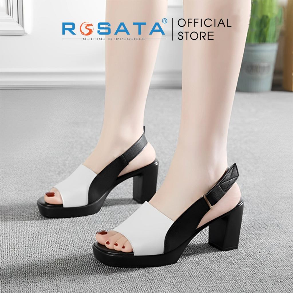 Giày sandal cao gót nữ ROSATA RO532 xỏ ngón mũi tròn quai dán hậu gót trụ cao 7cm xuất xứ Việt Nam - Đen