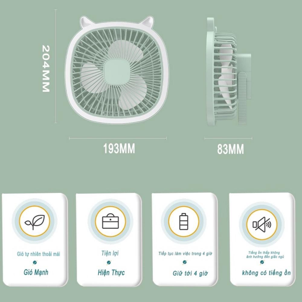 Quạt để bàn mini, quạt tích điện để bàn văn phòng treo tường có đèn led sạc pin USB 3 tốc độ gió, bảo hành 6 tháng