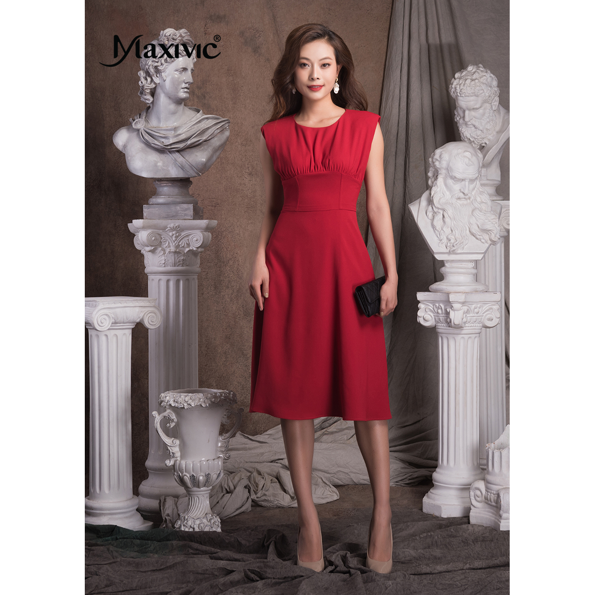 Đầm Sheath Lụa Cổ Nhún Tay Liền Maxivic M012306