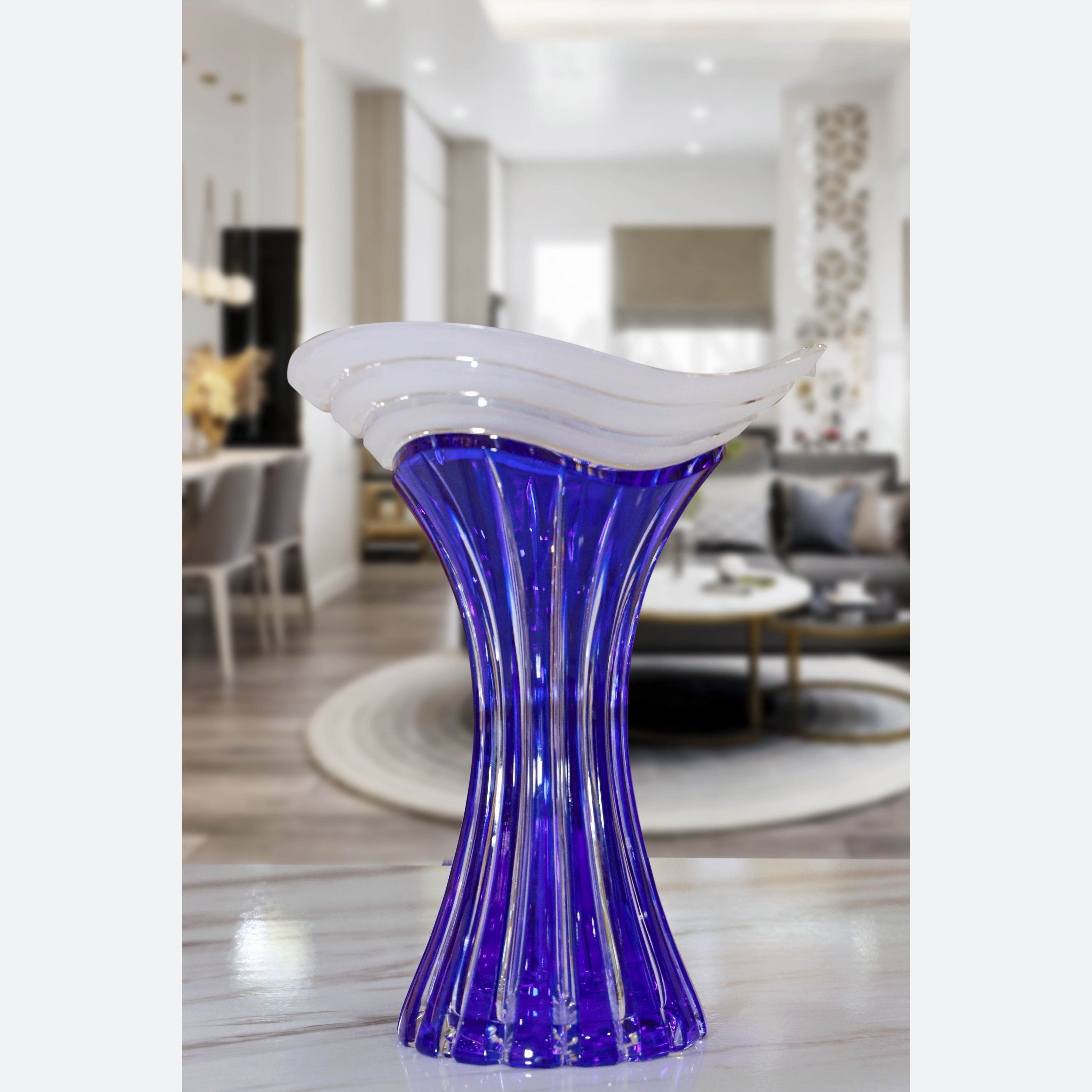 Bình hoa pha lê 2 da BOHEMIA CAESAR CRYSTAL 1366M, màu xanh dương, cao 25 cm, hoa văn mài dọc thân, kiểu dáng miệng loe lượn sóng phun cát mờ - Hàng chính hãng
