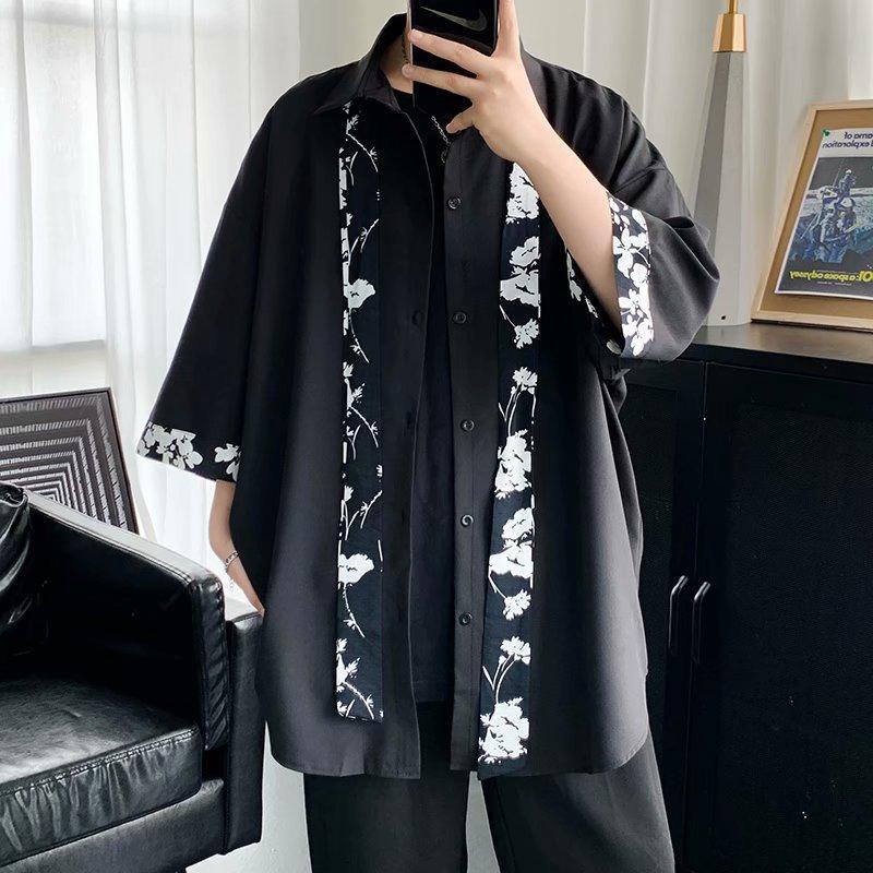 Áo sơ mi tay lỡ có cà vạt họa tiết hoa văn cho nam
