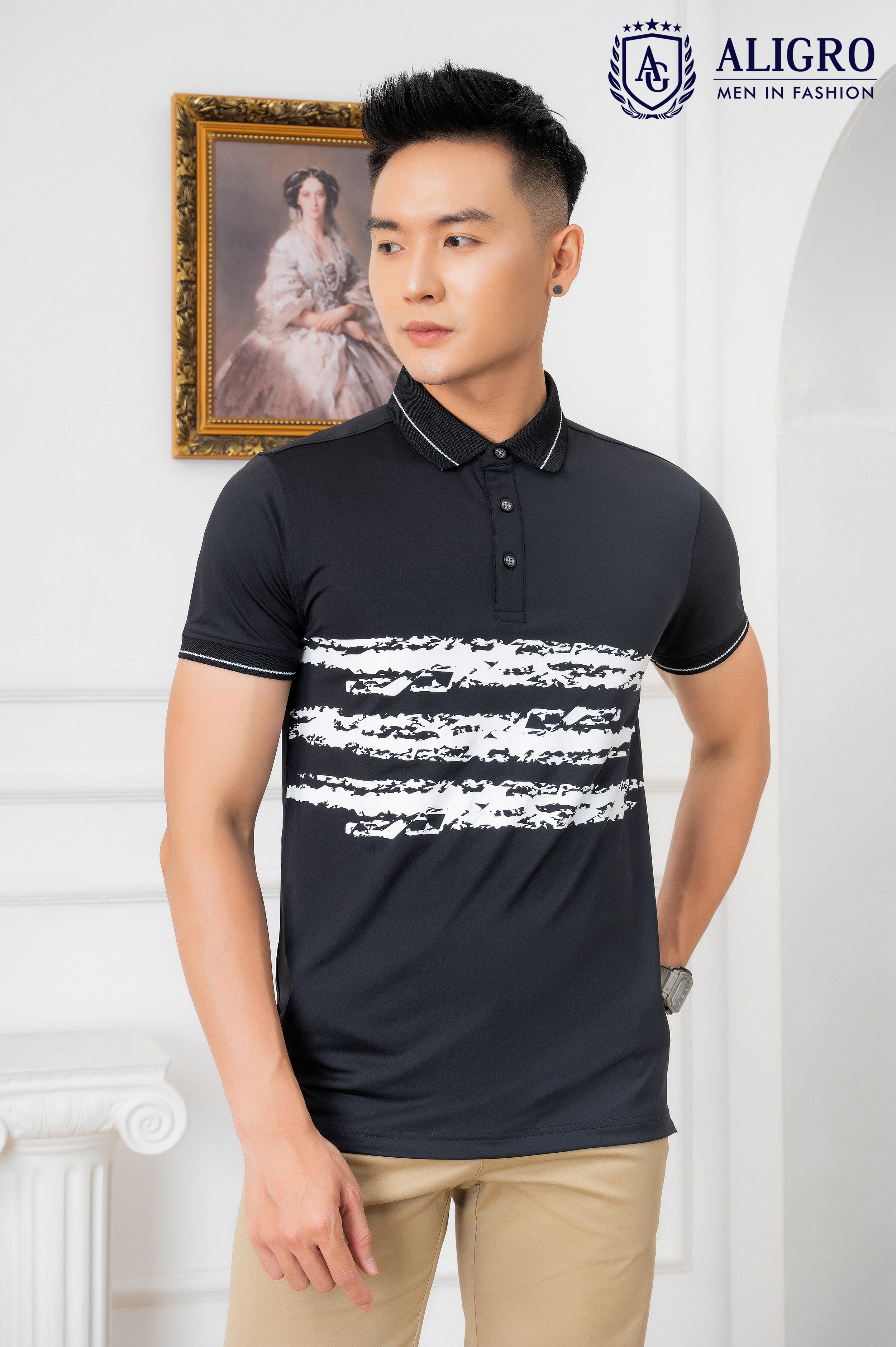 Áo Polo đen phối kẻ ngang Aligro ALGPLO73
