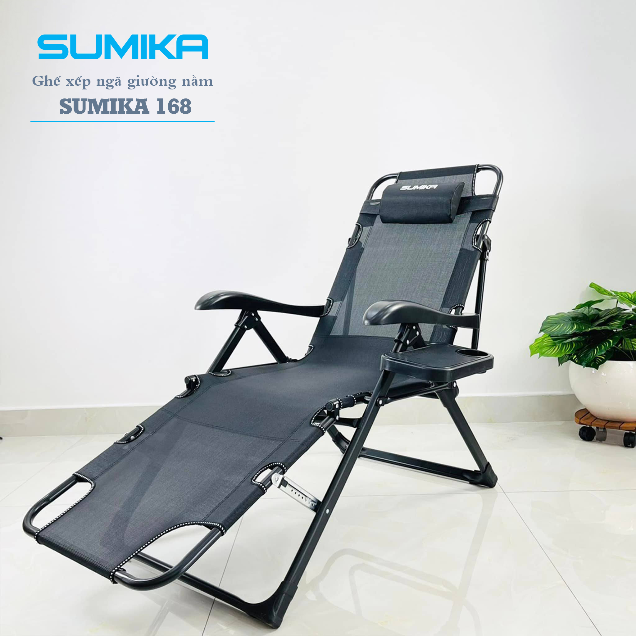 Ghế Xếp Thư Giãn Cao Cấp Sumika 168 - Có Thể Ngã Thành Giường Nằm, Vải Lưới Textilene Thoáng Khí, Gối Có Thể Tháo Rời, Tải Trọng 300Kg, Khung Ghế Bằng Thép Không Gỉ, Đế Chống Trượt