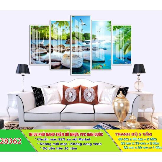 Tranh treo tường Phong cảnh biển 5 tấm 3D/gỗ MDF Hàn Quốc chống ẩm mốc, mối mọt