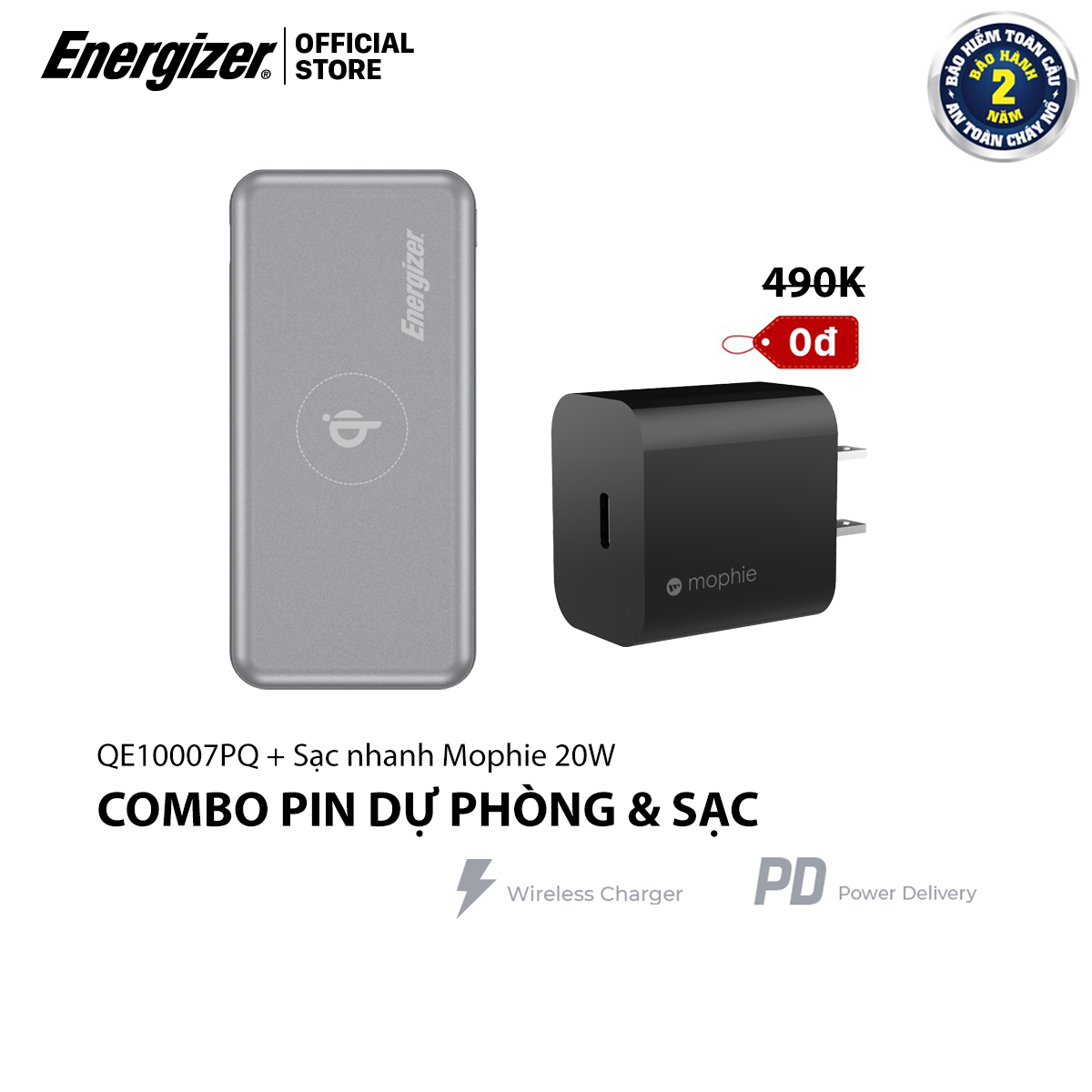 Combo Pin sạc dự phòng Energizer QE10007PQ + Củ Sạc Nhanh Mophie 20W - HÀNG CHÍNH HÃNG
