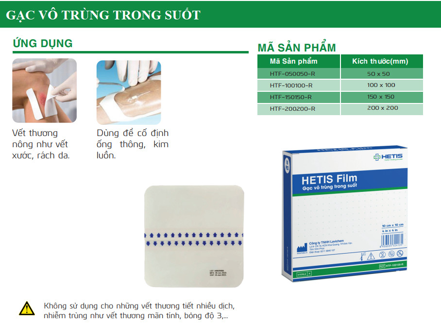 Hộp Gạc vô trùng chống thấm nước  HETIS Film HTF 100100-R (Hộp 10 miếng 10x10cm) - Bảo vệ vết thương chống nhiễm trùng