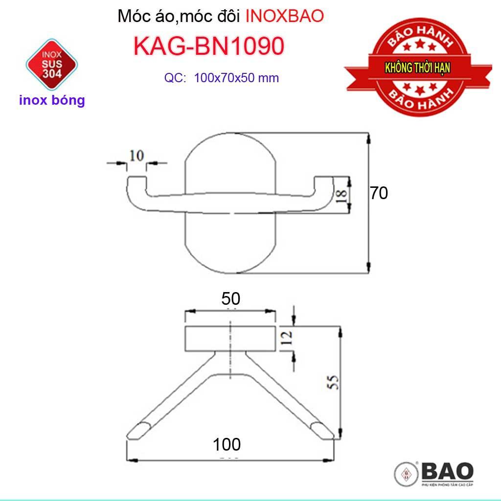 Móc đôi Inox Bảo KAG-BN1090, móc 2 treo đồ nhà tắm SUS304 đế đúc thiết kế tuyệt đẹp sang trọng tinh tế đến từng chi tiết