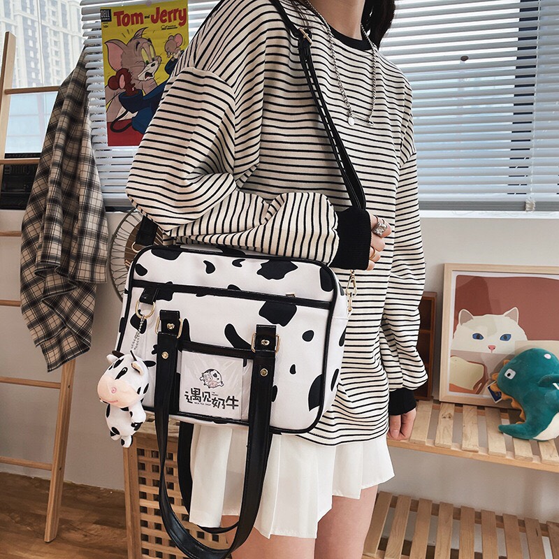 Túi đeo chéo bò sữa vải Canvas in bò trắng đen thời trang Ulzzang Unisex - B100