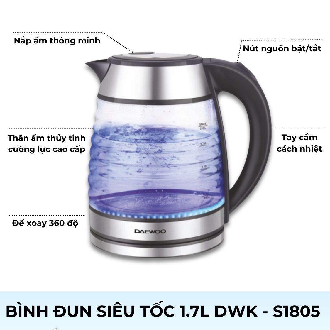 Ấm siêu tốc thủy tinh 1.7L Daewoo DWK-GL1803 thiết kế vỏ sò đèn LED độc đáo - Hàng chính hãng