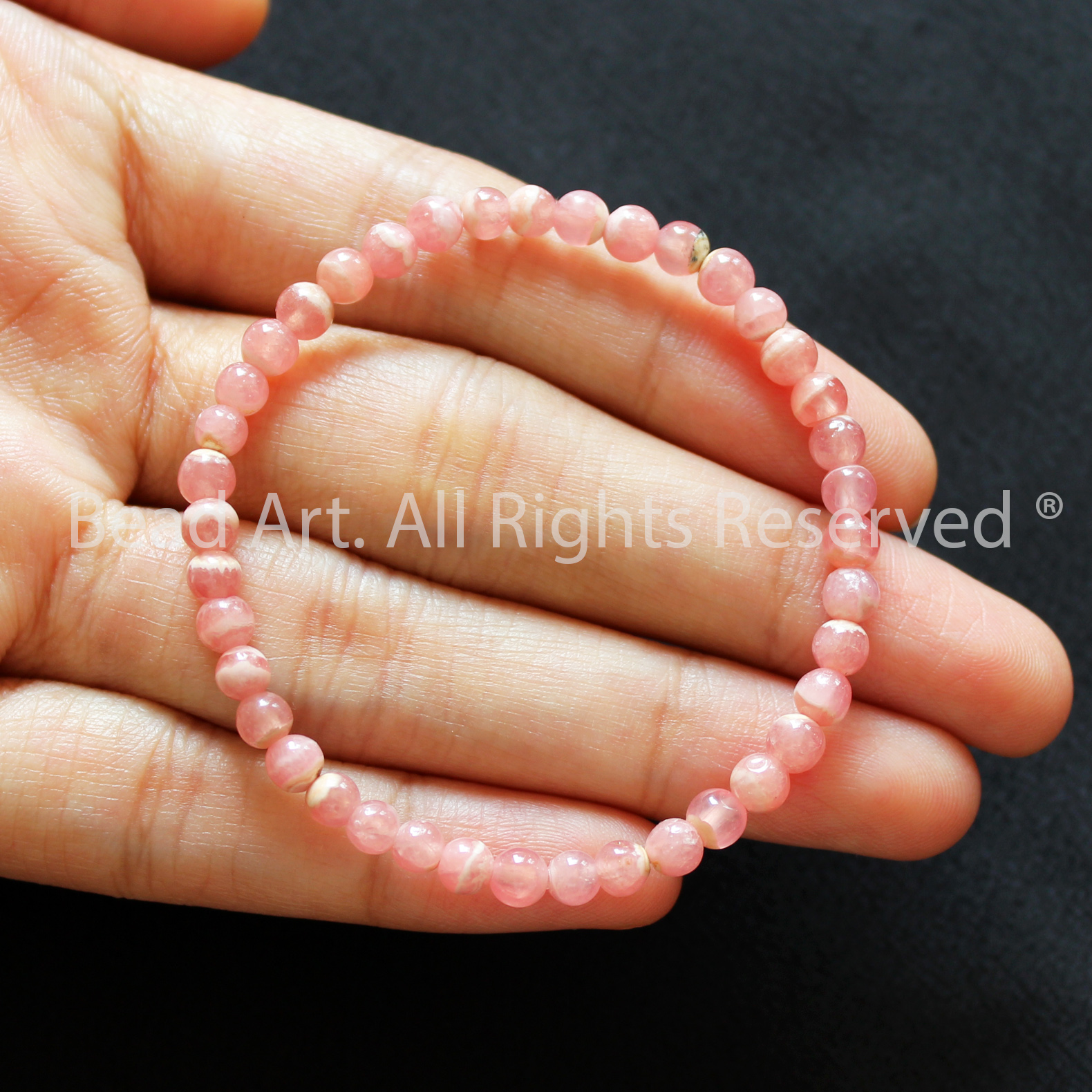 Vòng Tay 4MM Đá Đào Hoa Tự Nhiên Màu Hồng, Rhodochrosite Loại A Vân Trắng, Vòng Tay Phong Thuỷ, Chuỗi Hạt, Mệnh Hoả, Thổ - Bead Art