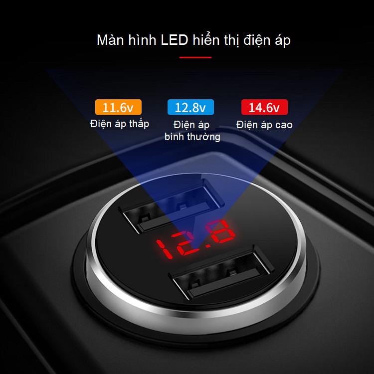 Tẩu cắm sạc điện thoại trên xe hơi WEL TRIP A98 ( 2 cổng sạc USB 1.2A và 2.4A, màn hình LCD, chịu nhiệt và tản nhiệt tốt)- (Tặng Gương cầu lồi mini gắn gương chiếu hậu ô tô)