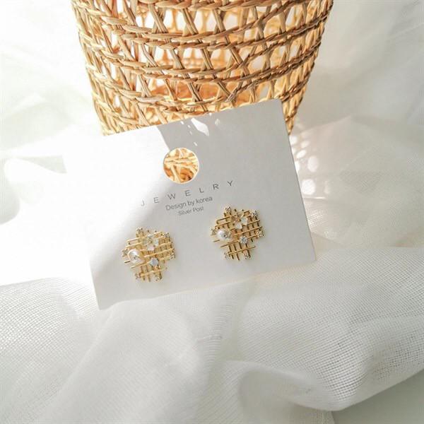 Bông tai - Lưới kim loại đính đá hạt trai - Màu gold