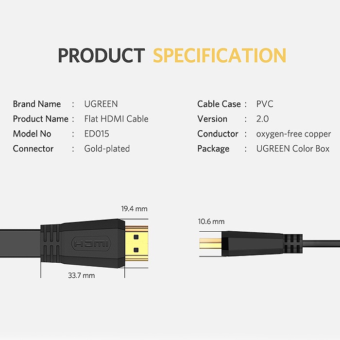 Cáp HDMI 2.0 Dẹt Dài Hỗ Trợ 4K@60Mhz Ugreen1,5m Hàng Chính Hãng