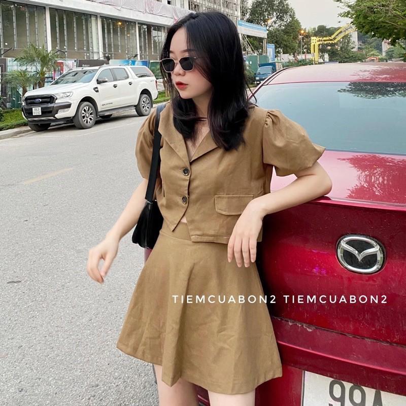 Set bộ áo vest croptop tay phồng kèm chân váy