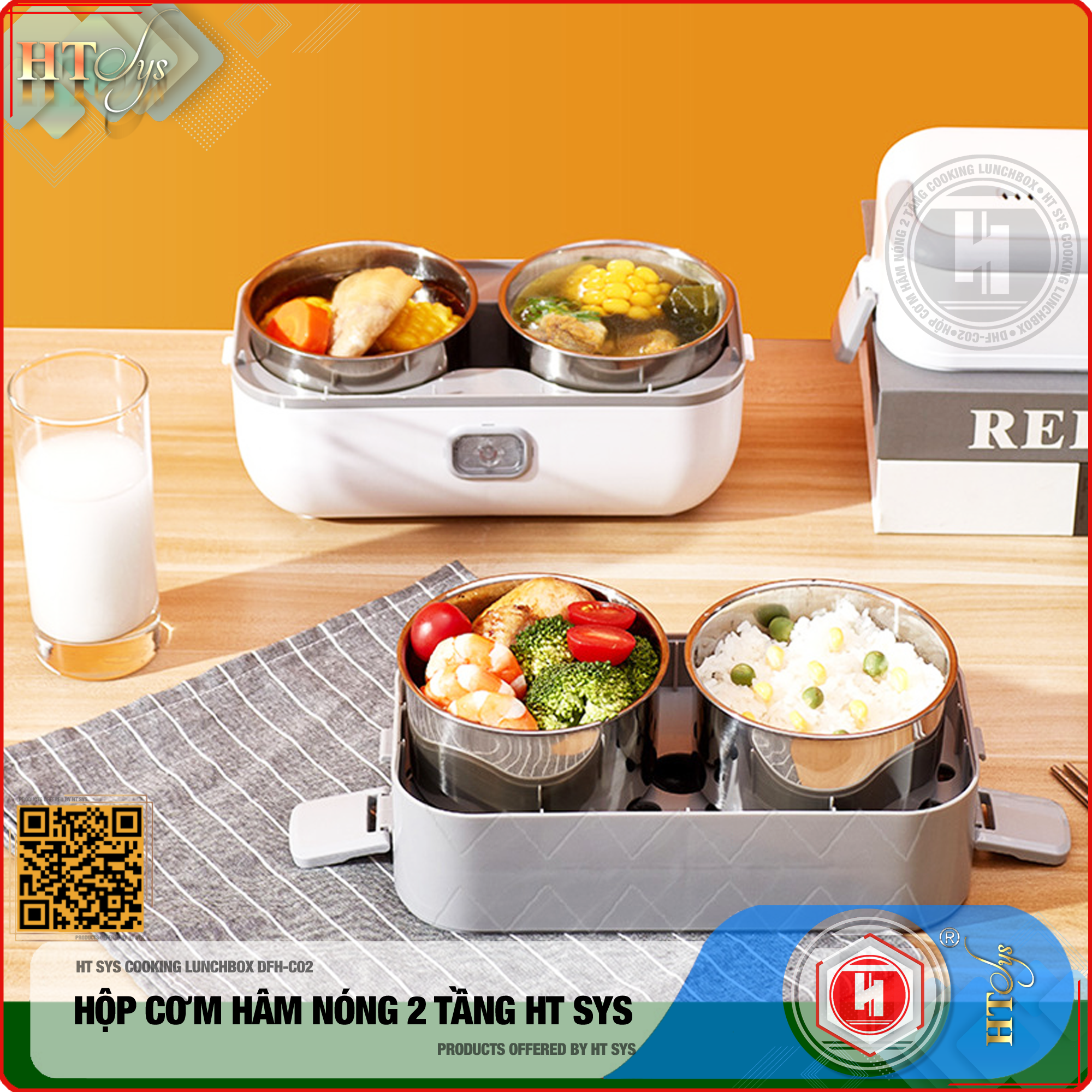 Hộp cơm văn phòng hâm nóng cắm điện HT SYS ● COOKING LUNCHBOX-DFH C02 ● Hộp Cơm Cắm Điện Có Thể Nấu Chín Và Hâm Nóng Thức Ăn  ● Ruột Bằng Inox SUS304 Cao Cấp (200W,2 lít,4 Ngăn) ● Hàng Chính Hãng